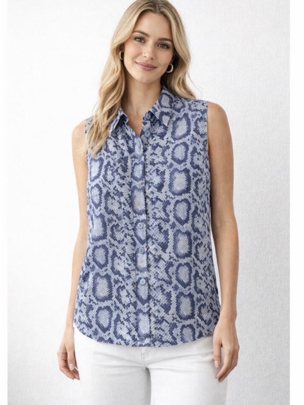 Equipment Blue Silk Snakeskin Print Sleeveless Button Up Top